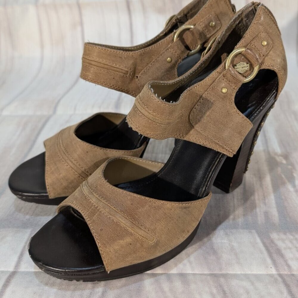 Harley Davidson Women's Gillian Tan Leather Strappy Studded Heels Size 8.5 - Picture 3 of 10